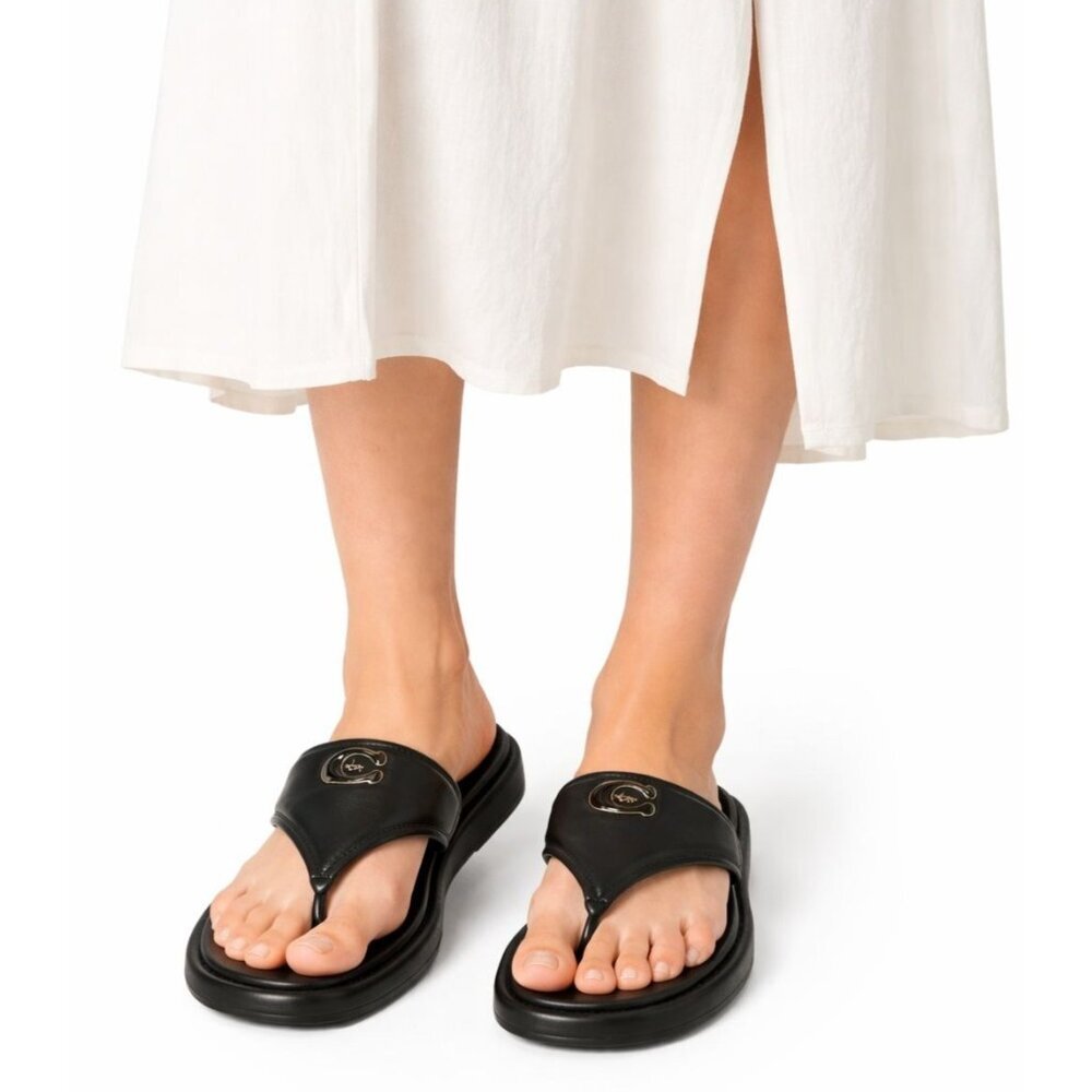 Coach Sylvie Leather Thong Sandals Signature C Hardware Black Slide